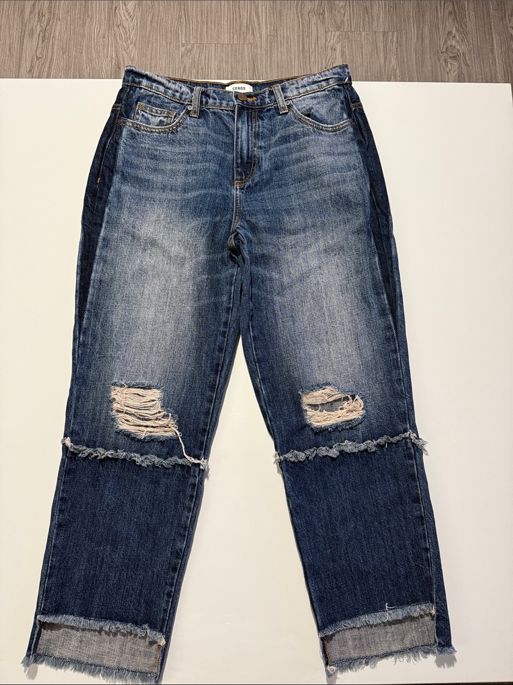 Ceros Jeans Womens Blue Denim Straight Ankle Cropped Distressed Raw Sz 27
